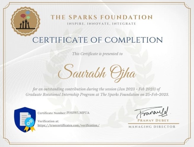 The Sparks Foundation Internship Certificate